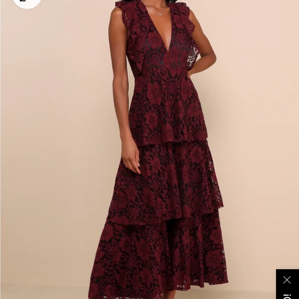 Molinetto Burgundy Lace Ruffled Tiered Sleeveless Maxi Dress